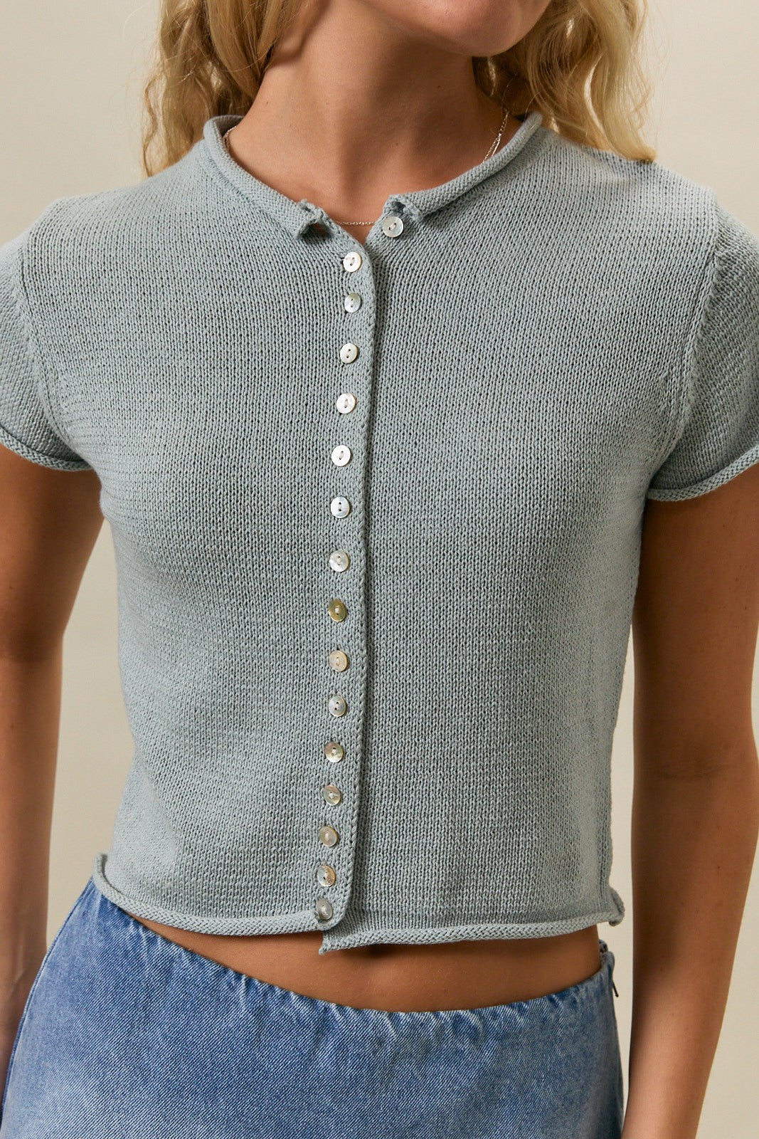 Dusty Blue Oyster Button Knit Blouse PREORDER