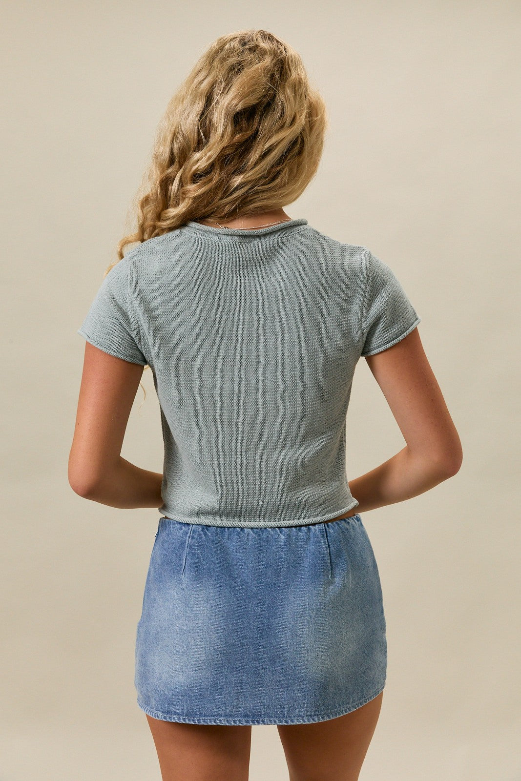 Dusty Blue Oyster Button Knit Blouse PREORDER