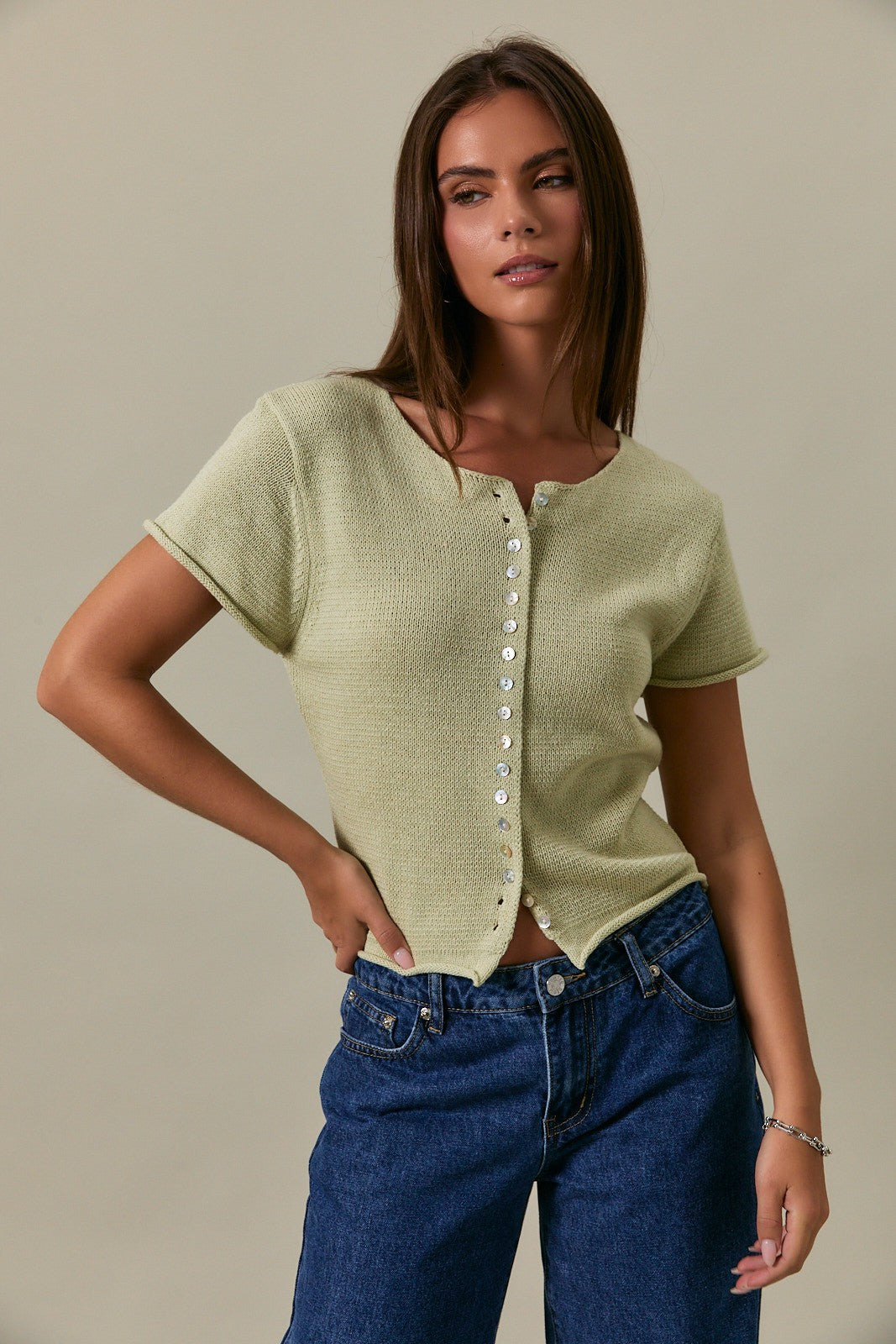 Pistachio Oyster Button Knit Blouse