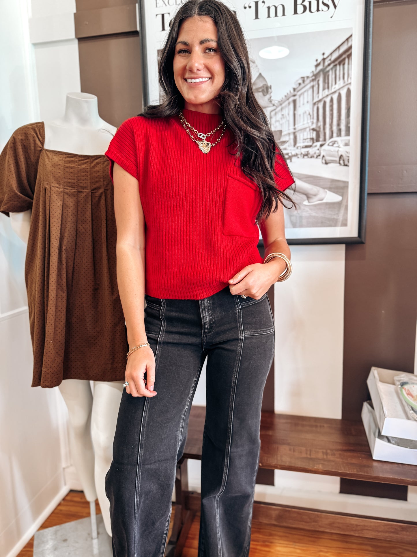 Red Front Pocket Knit Top