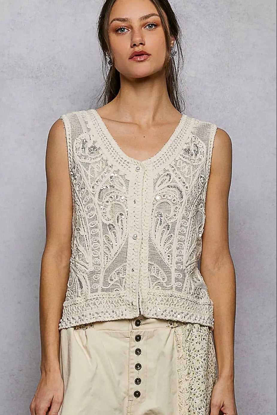 Pearl Sequin Crochet Bust Vest Top