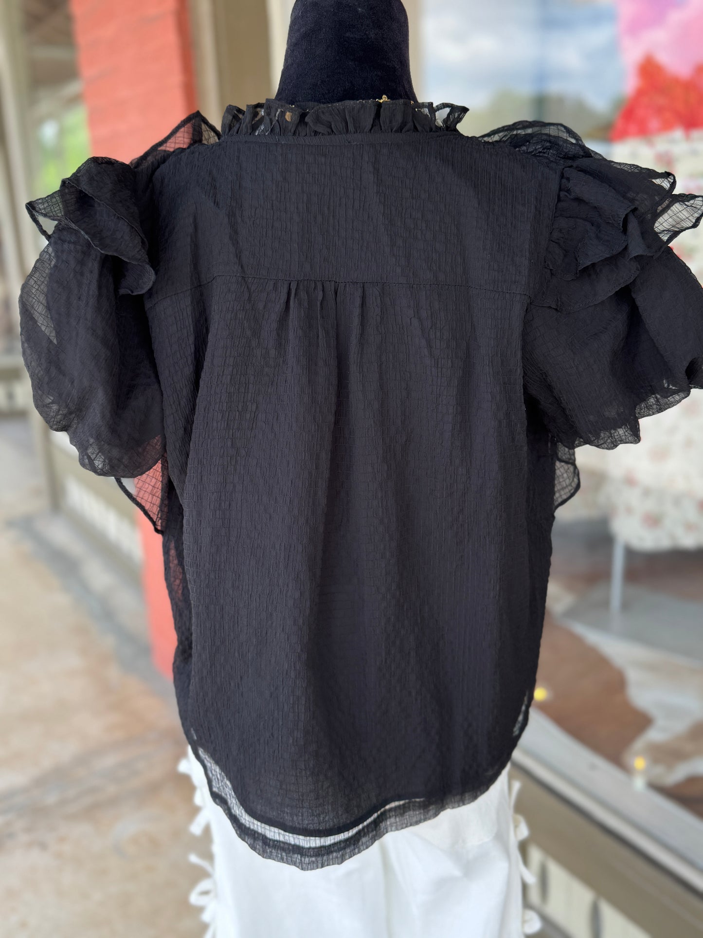 Black Textured Ruffle Blouse