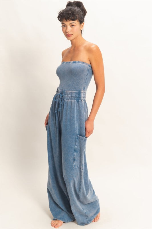 Navy Wide Leg Strapless Jumpsuit