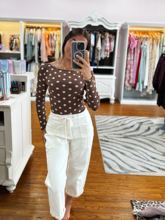 Chocolate Polka Dot Boat Neck Top
