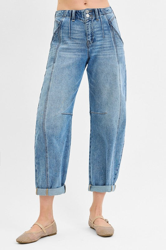 Mid Rise Barrel Rolled Jeans