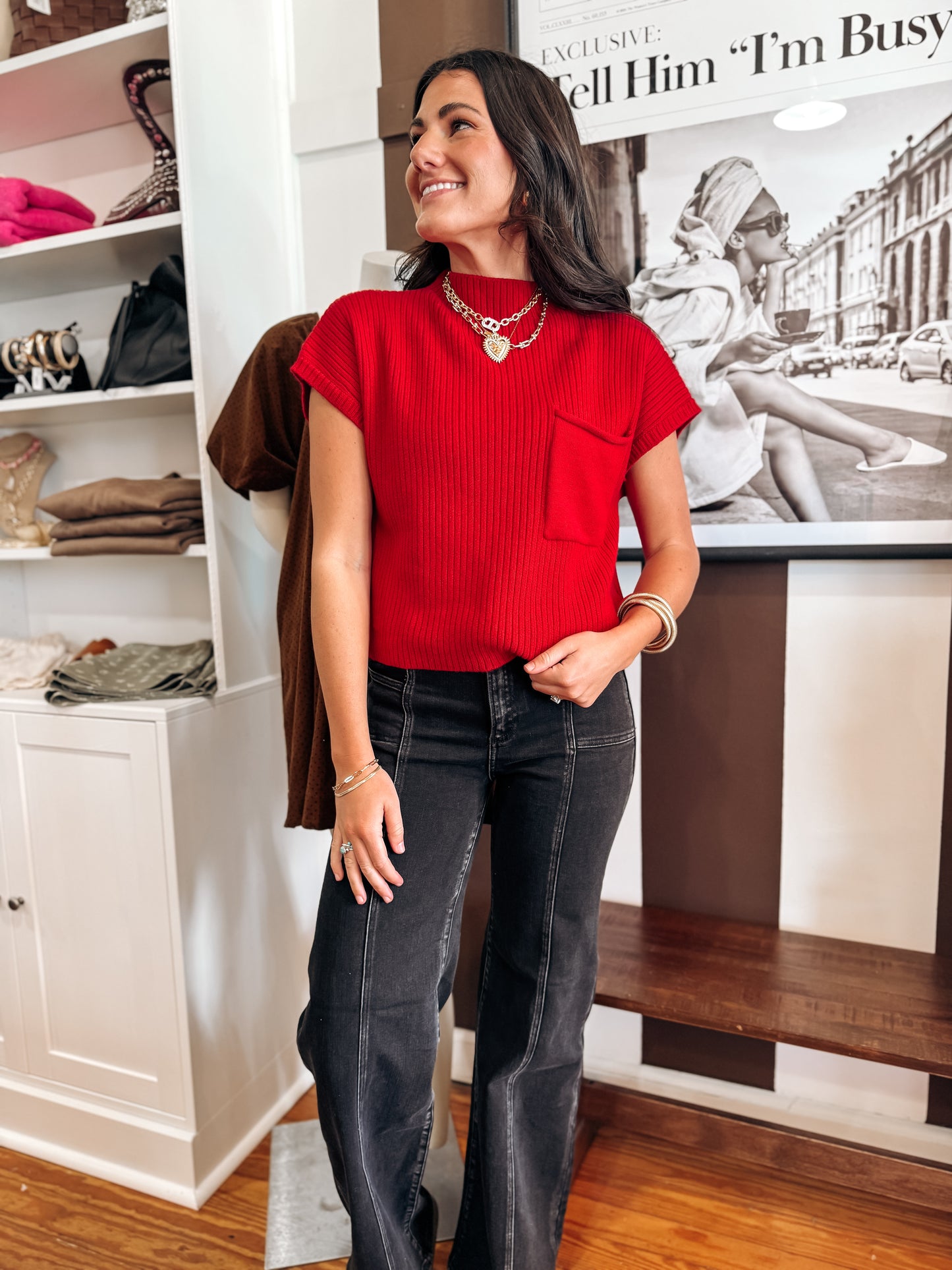 Red Front Pocket Knit Top
