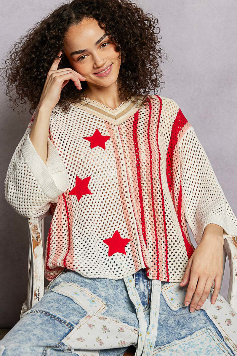 Red Crochet 3/4 Sleeve Top