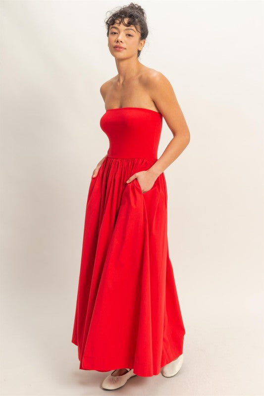 Red Strapless Cotton Dress