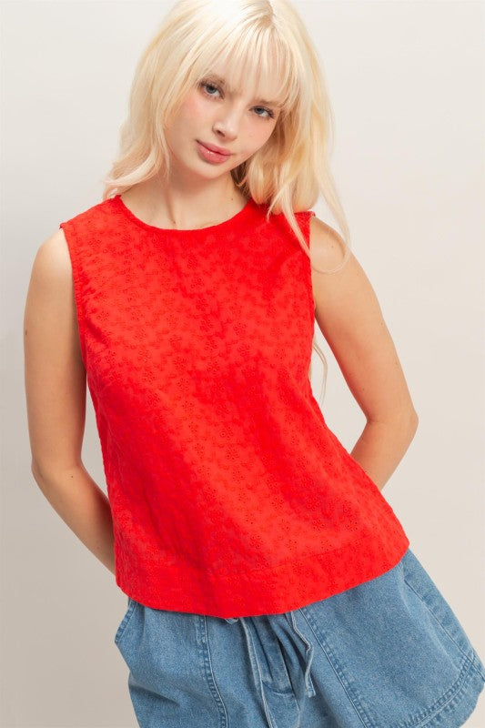 Red Eyelet Embroidered Top