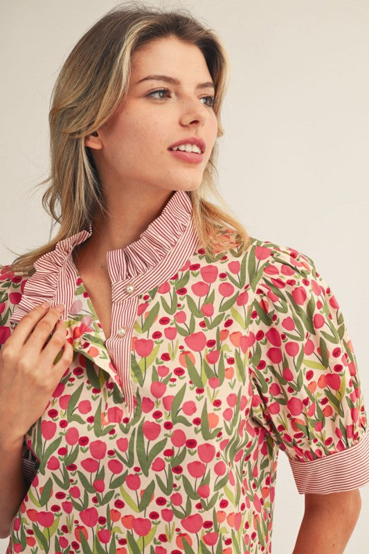 Red Contrast Floral Blouse