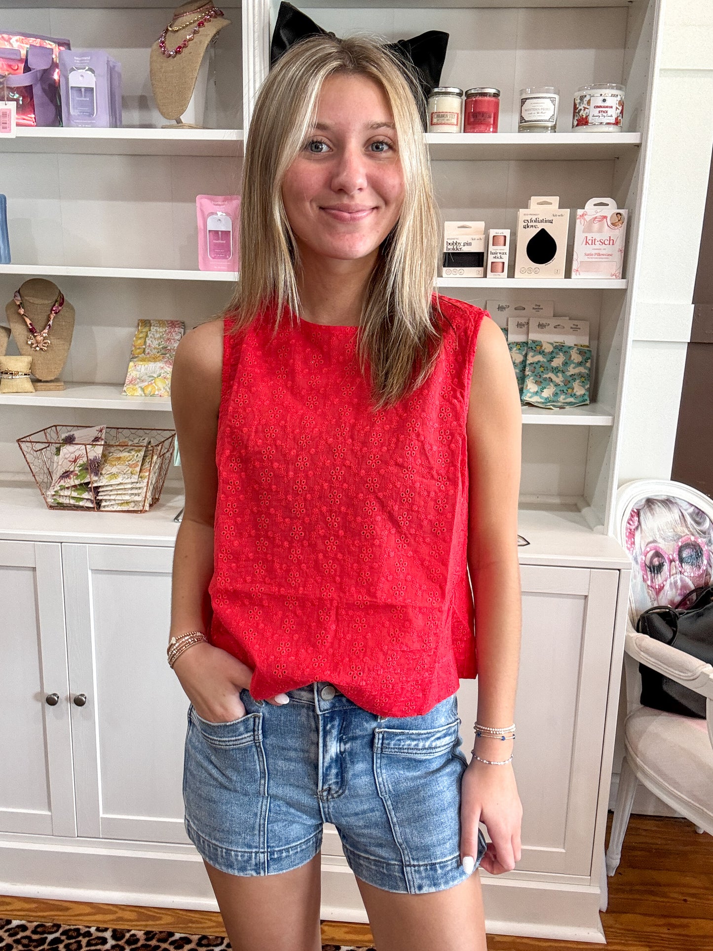 Red Eyelet Embroidered Top