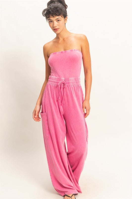 Fuchsia Wide Leg Strapless Jumpsuit