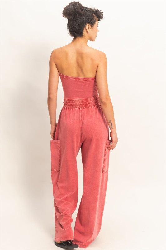 Red Wide Leg Strapless Jumpsuit