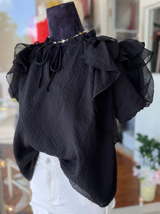 Black Textured Ruffle Blouse