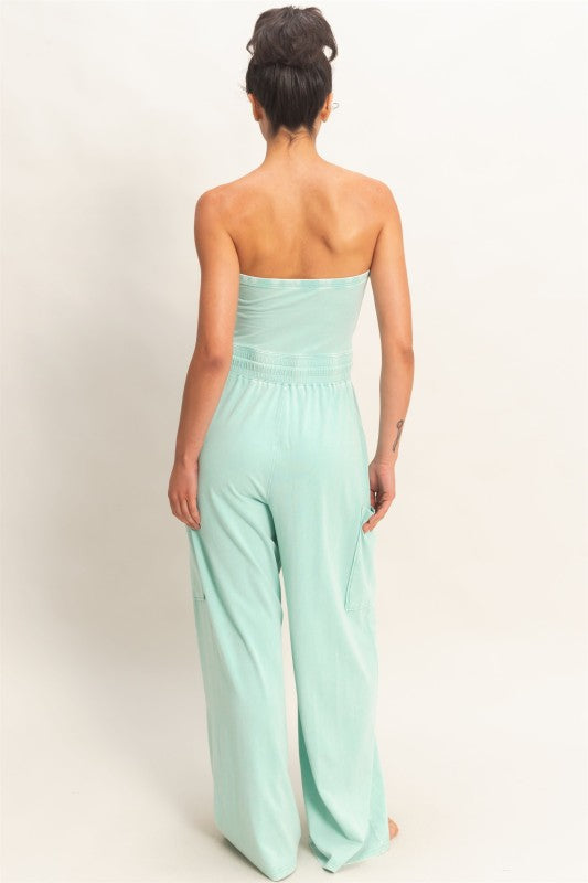 Teal Wide Leg Strapless Jumpsuit