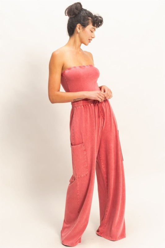 Red Wide Leg Strapless Jumpsuit