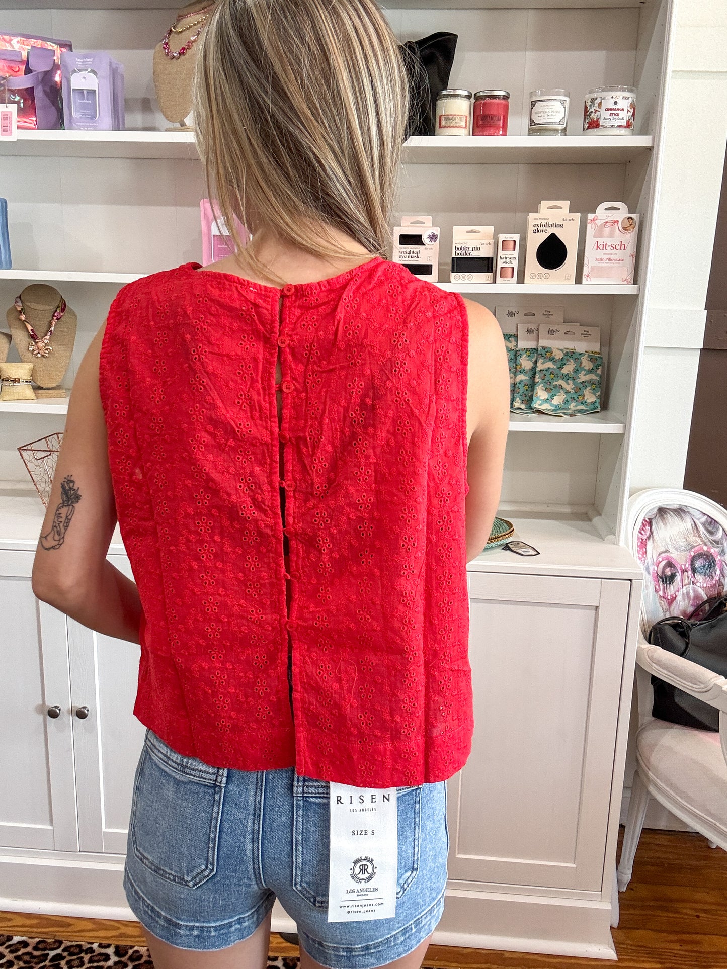 Red Eyelet Embroidered Top