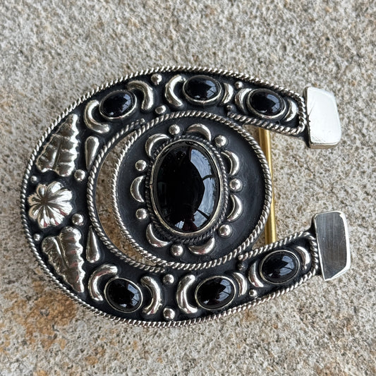 Silver Black Stone Horseshoe Buckle