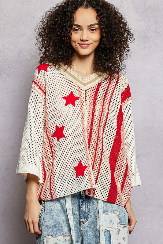 Red Crochet 3/4 Sleeve Top