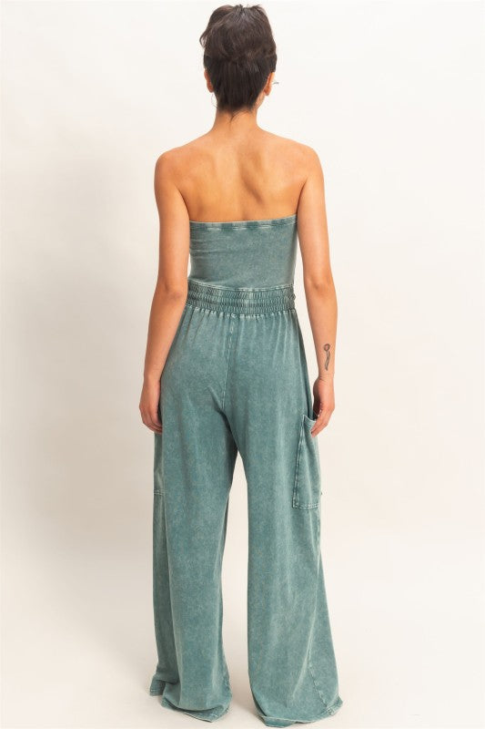 Teal Wide Leg Strapless Jumpsuit