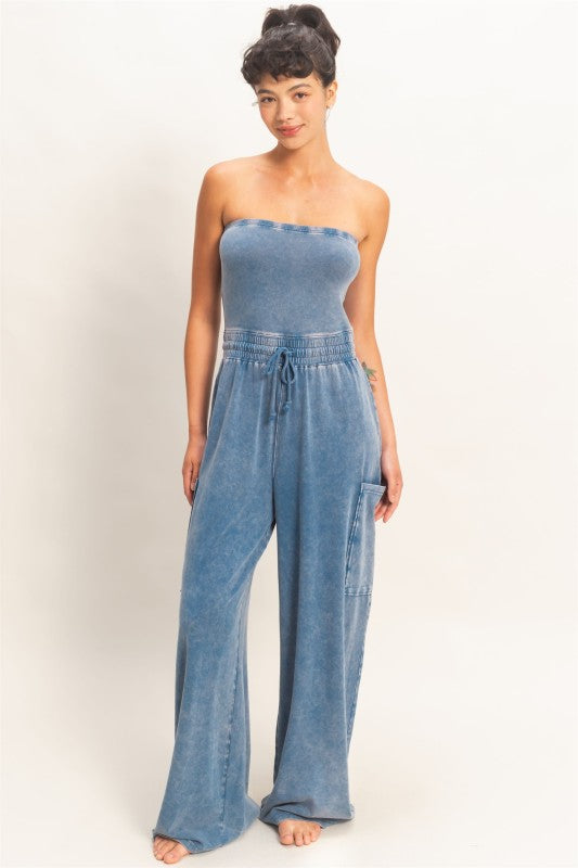 Navy Wide Leg Strapless Jumpsuit