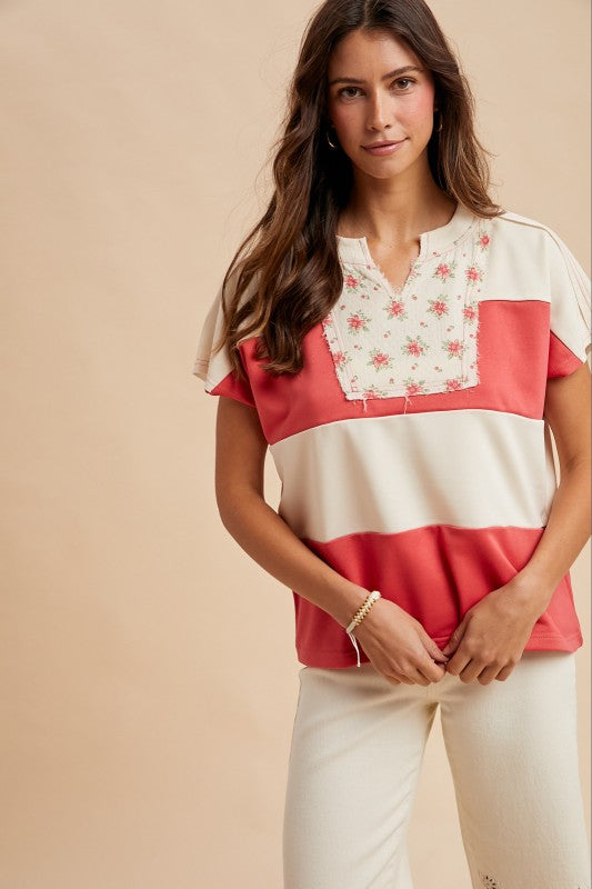 Coral Floral Quilt Patch Stripe Top