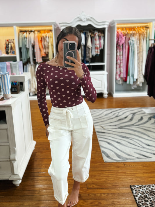 Burgundy Polka Dot Boat Neck Top