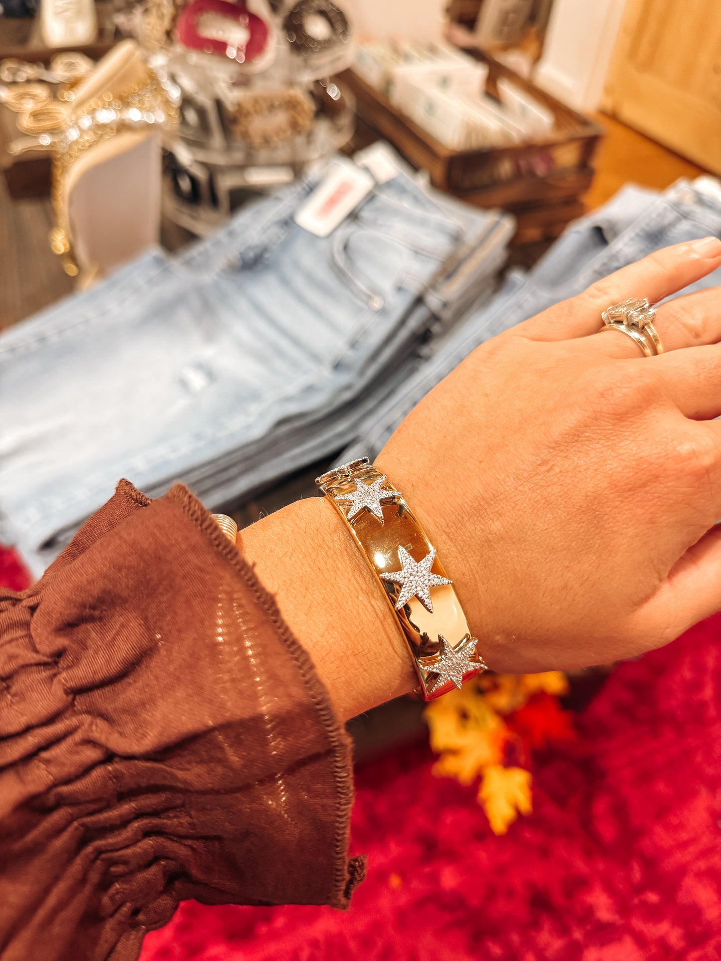 Gold Banded Diamond Star Bangle