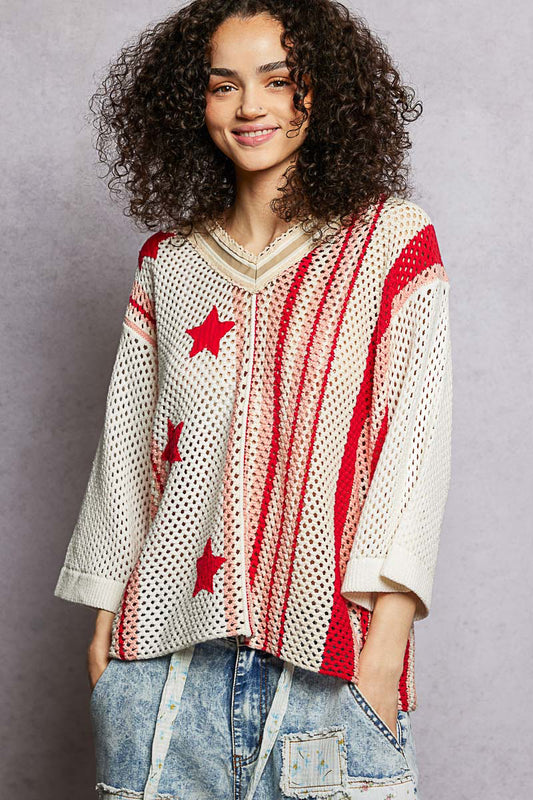 Red Crochet 3/4 Sleeve Top