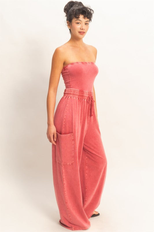 Red Wide Leg Strapless Jumpsuit