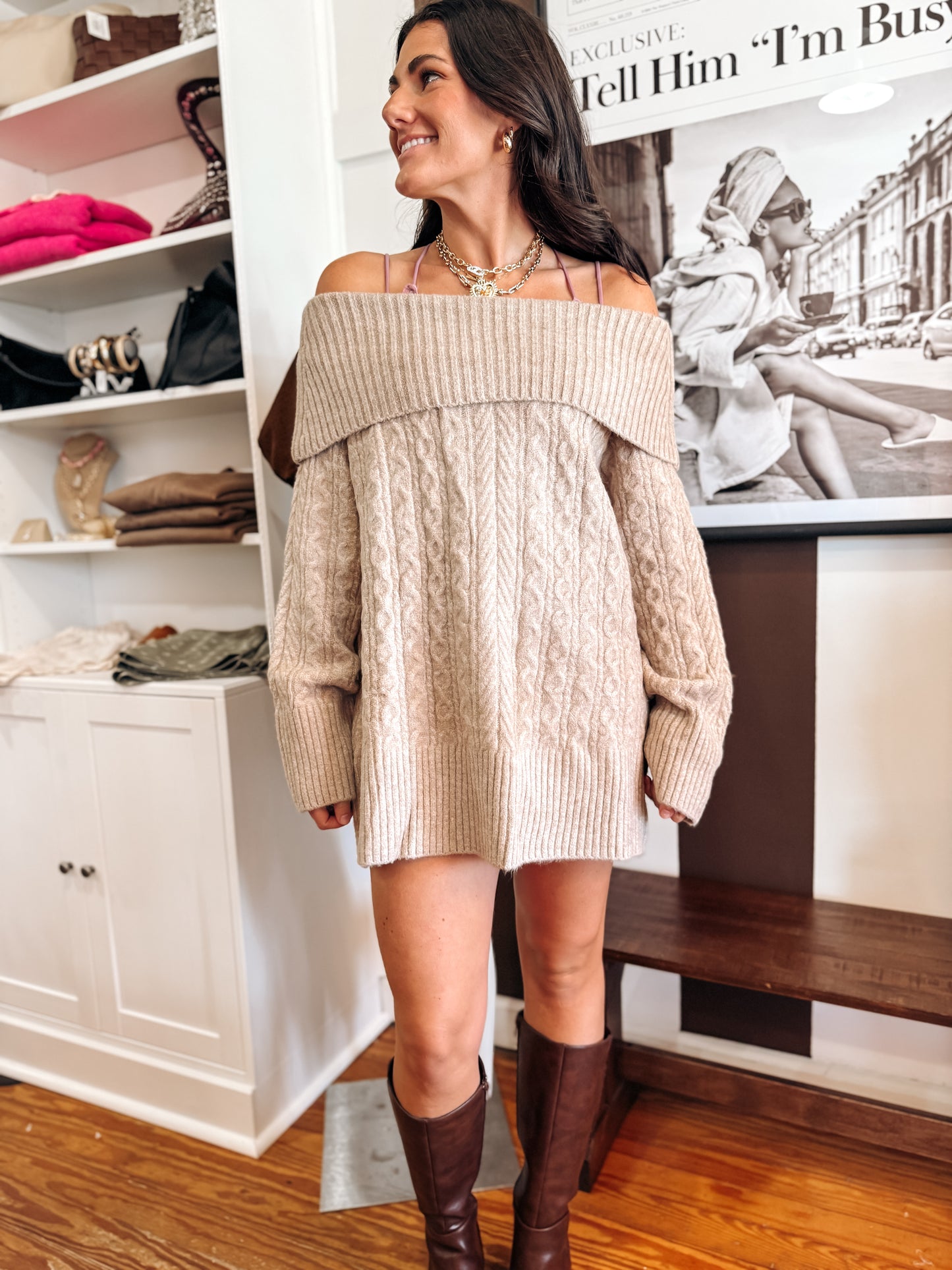 Taupe Cable Knit Sweater Dress