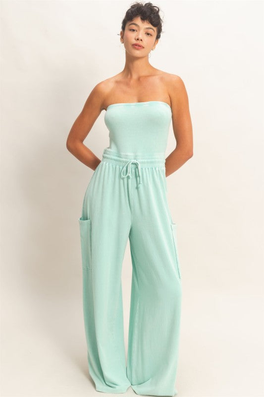 Teal Wide Leg Strapless Jumpsuit