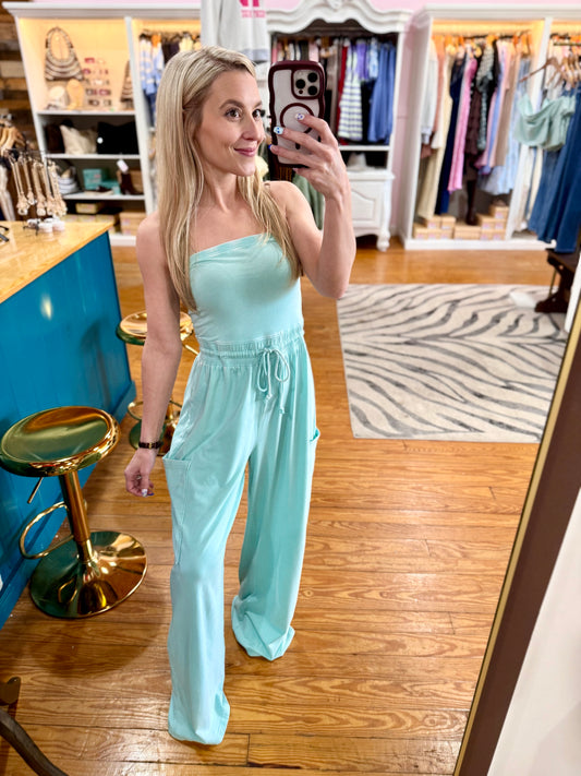 Teal Wide Leg Strapless Jumpsuit