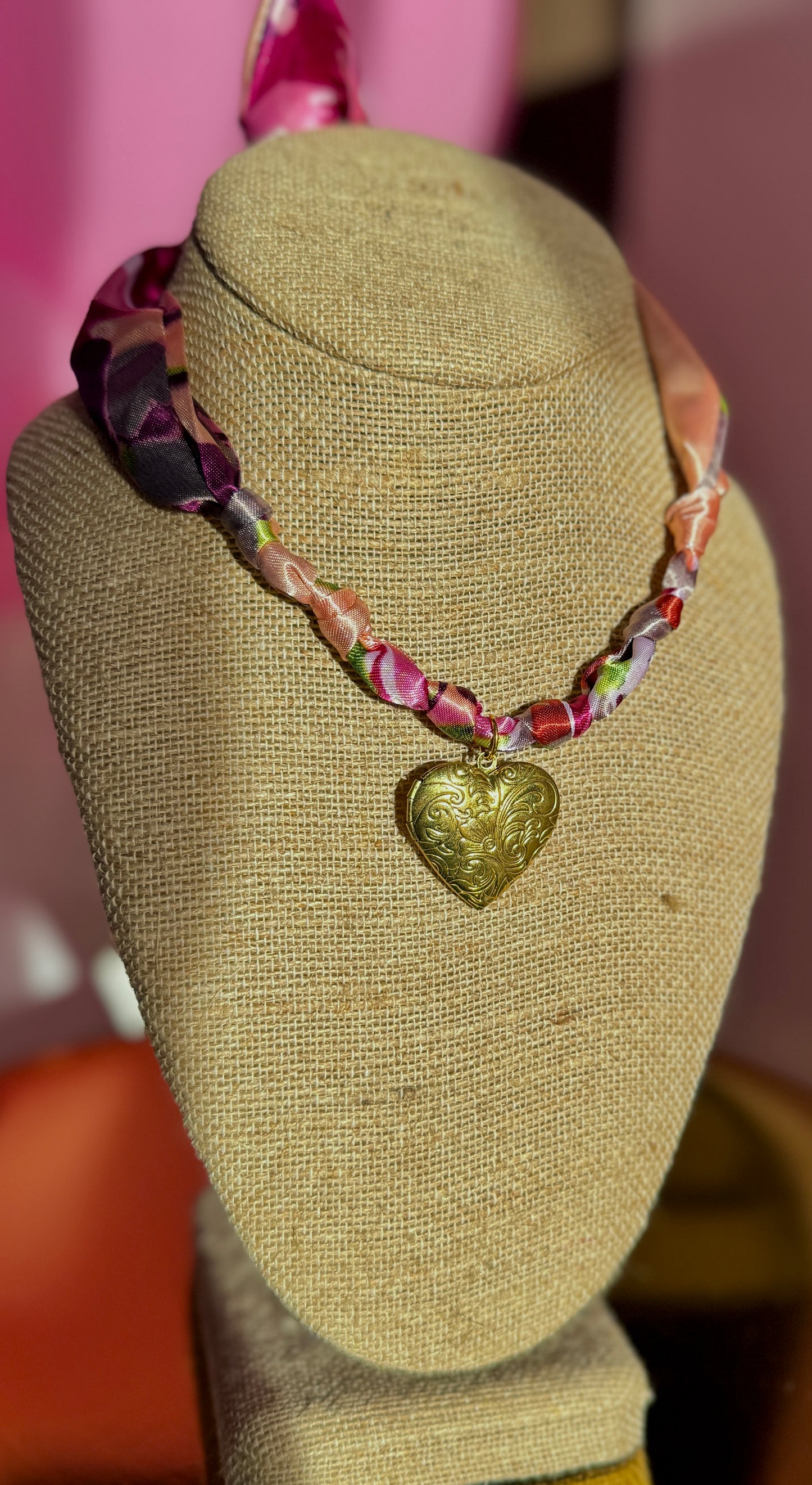 Pink Floral Gold Heart Twilly