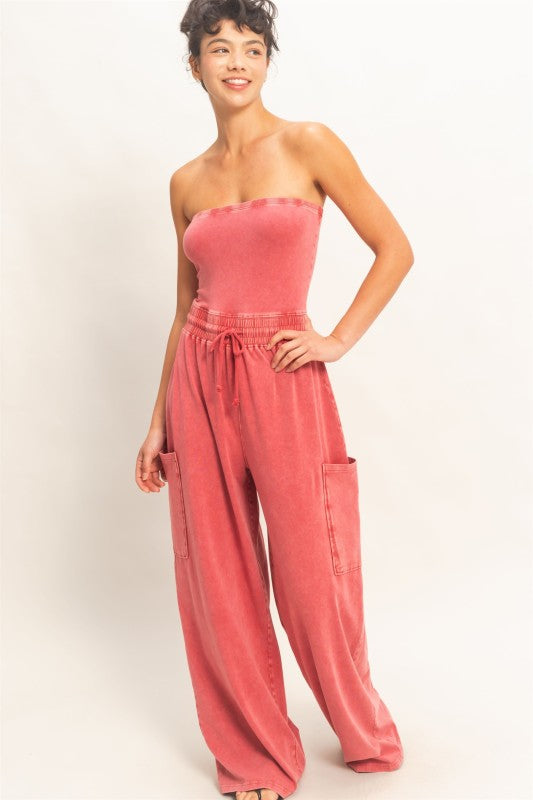 Red Wide Leg Strapless Jumpsuit