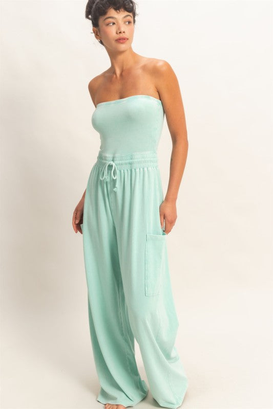 Teal Wide Leg Strapless Jumpsuit