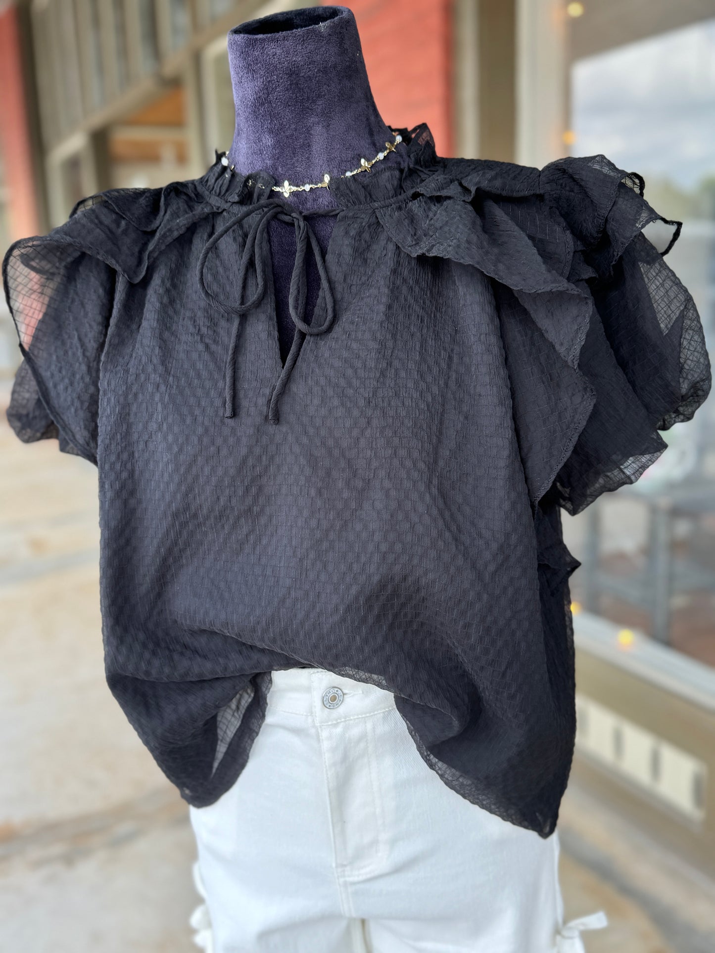 Black Textured Ruffle Blouse