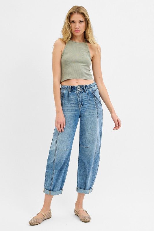Mid Rise Barrel Rolled Jeans