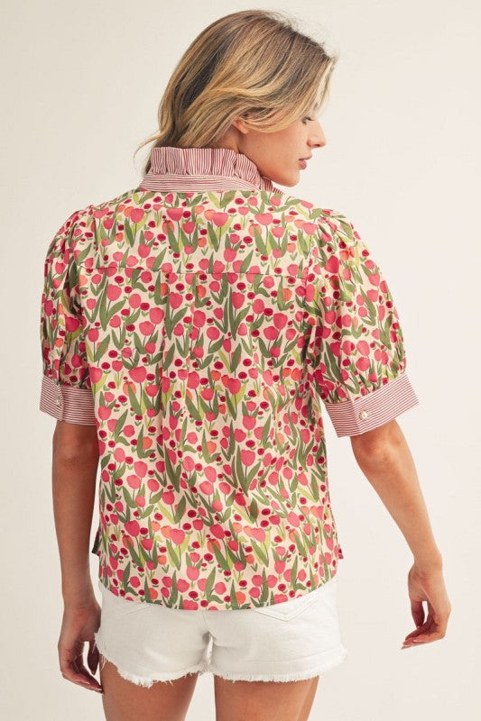 Red Contrast Floral Blouse