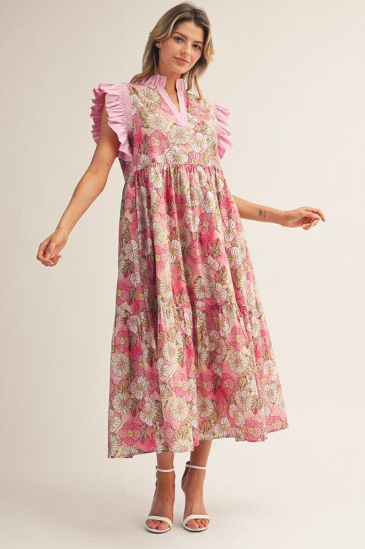 Pink Floral Midi Dress