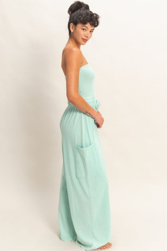 Teal Wide Leg Strapless Jumpsuit