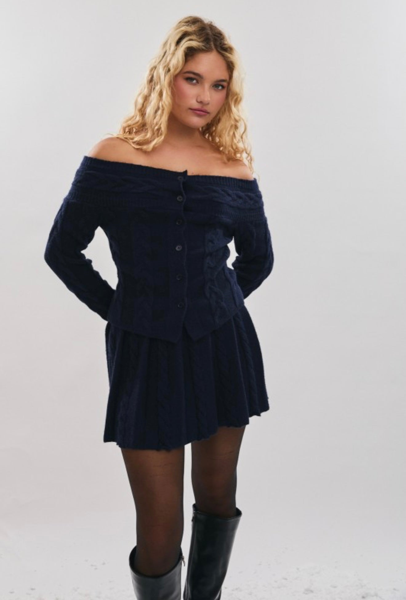 Navy Off Shoulder Cable Knit Top