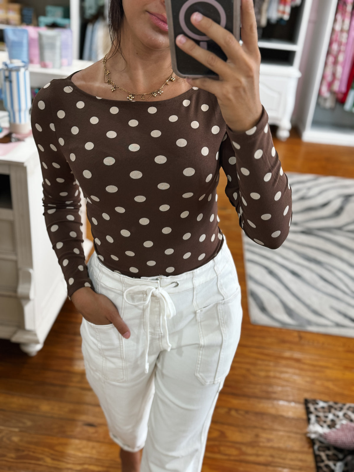 Chocolate Polka Dot Boat Neck Top