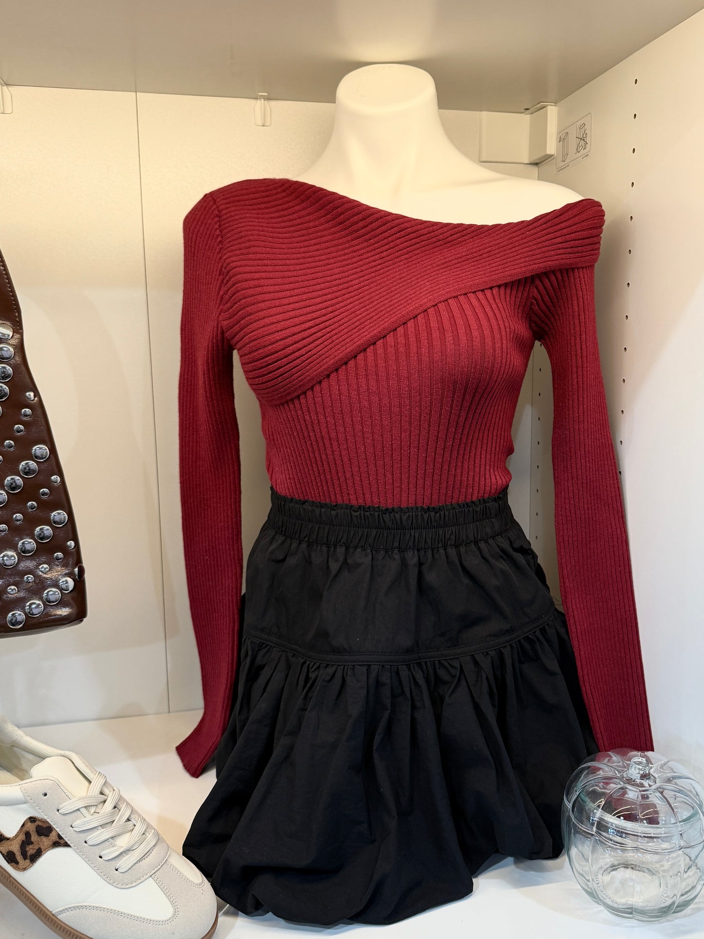Burgundy Red Shoulder Knit Top