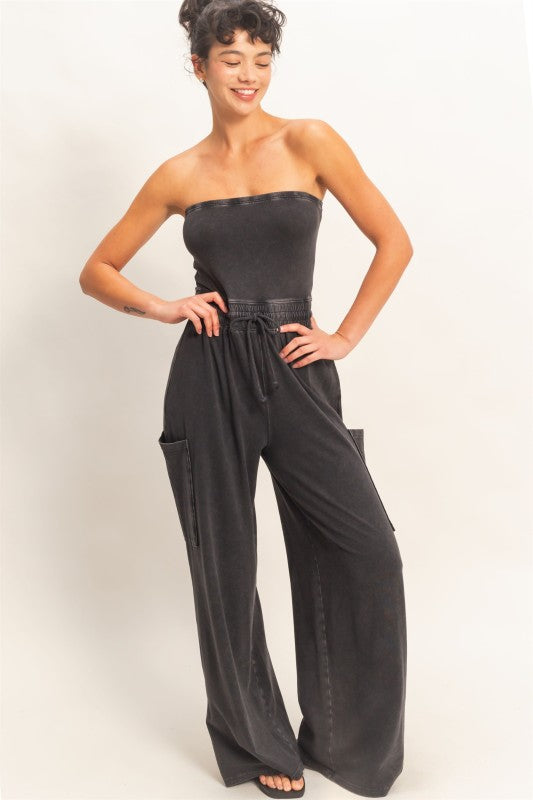 Black Wide Leg Strapless Jumpsuit