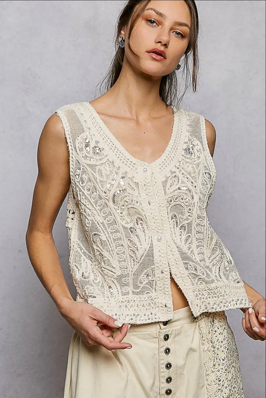 Pearl Sequin Crochet Bust Vest Top