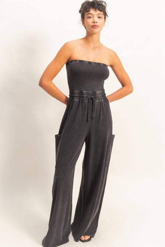 Black Wide Leg Strapless Jumpsuit