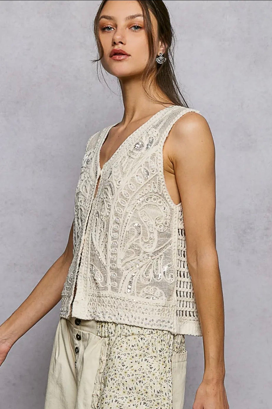 Pearl Sequin Crochet Bust Vest Top