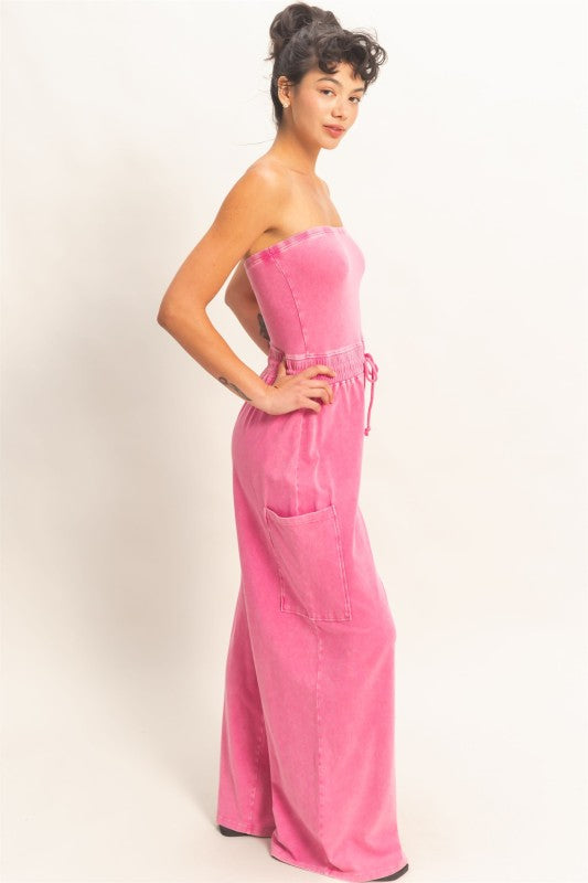 Fuchsia Wide Leg Strapless Jumpsuit