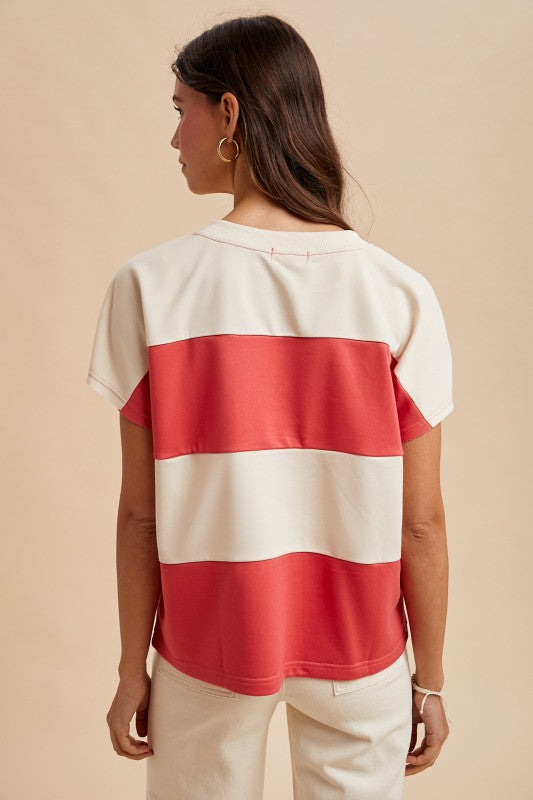 Coral Floral Quilt Patch Stripe Top